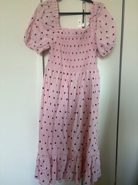 Pink Puff Sleeve Midi Dress with Ladybug print